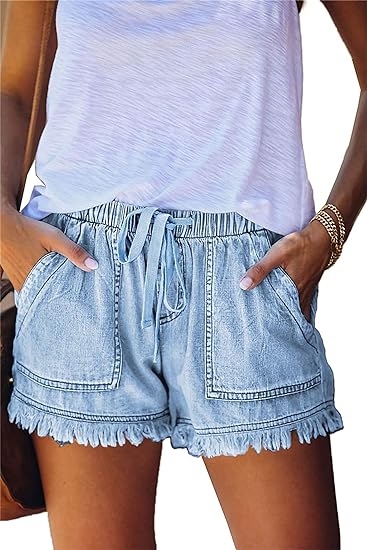 Shorts causal elastic waist pockets ladies judy jeans short pants summer with drawstring