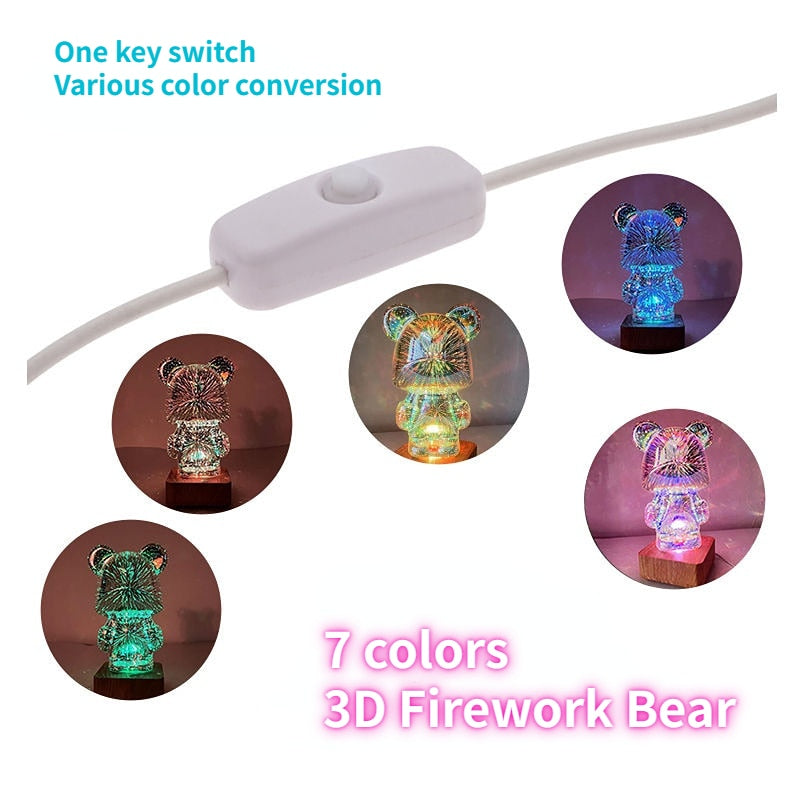 LED 3D Bear Firework Night Light: A Versatile USB Projector Lamp with Color-Changing Ambiance for Bedroom and Children's Room Décor.
