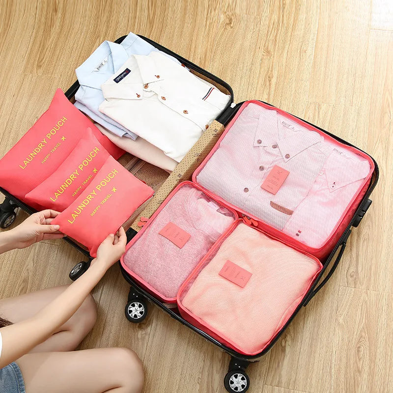 6 Pcs/Set Pink/Blue/Grey Travel Storage Bag Large Capacity Waterproof Luggage Clothing Underwear Storage Bag Bag With Zipper