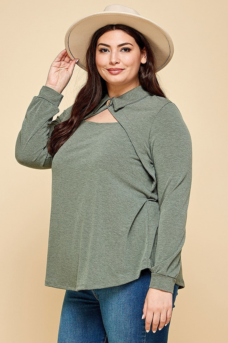 Plus Size Solid Long Sleeve Fashion Top