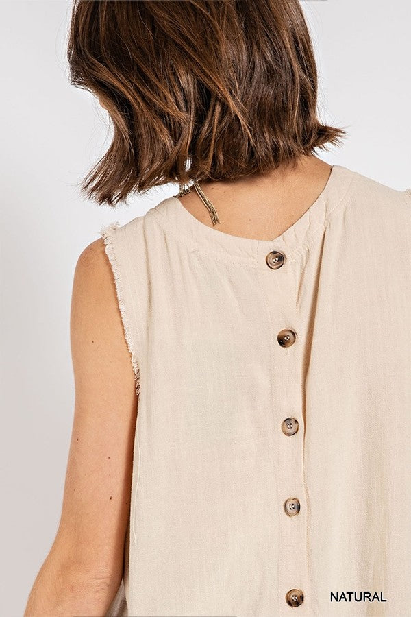 Sleeveless back button closure frayed top