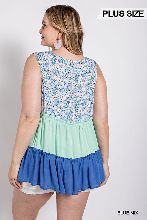 Floral Color Block Ruffle Detail Tiered V-neck Top